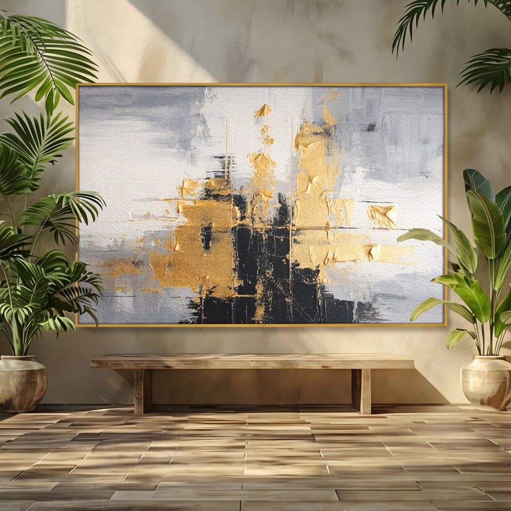 Tablou canvas cu pictura abstracta cu auriu si negru, in rama de aluminiu auriu